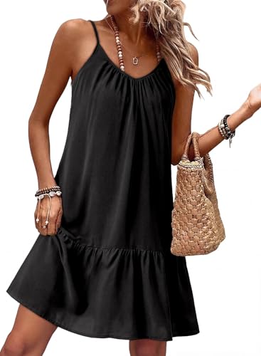 Image of Dokotoo Summer Dresses for Women 2026 Spaghetti Strap Sexy Deep V Neck Smocked Ruffle Flowy Boho Dresses