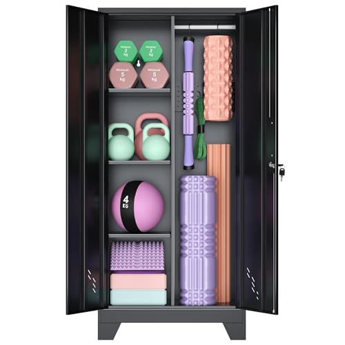 VASAAOSD 61IN Dumbbell Rack Cabinet, Weight Rack for Dumbbells, Home Gym Storage Cabinet for Kettlebells Yoga Mat and Balls, Workout Equipment Storage Organizer with Doors