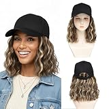 AliRobam Synthetic Wig Hat with Natural Wave Hair Extensions Attached for Woman Baseball Cap Wig Mix Brown Blonde Short Curly Wavy Hairstyle Adjustable Daily Outdoor Use(Mbrown blonde, 14inch)