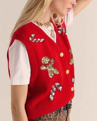 Image of Women Christmas Sweater Vests Santa Claus Print Sleeveless Knit Cardigan Vest Christmas Holiday Tank Top