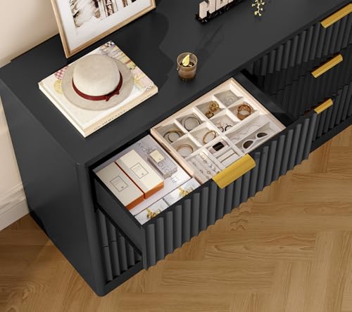 Image of TEENFON Fluted 6 Drawer Dresser for Bedroom, Wide Modern Chest of Drawers with Metal Handle, Curved Profile Design, Wood Closet Clothes Storage Organizer for Bedroom, Living Room, Hallway, Black