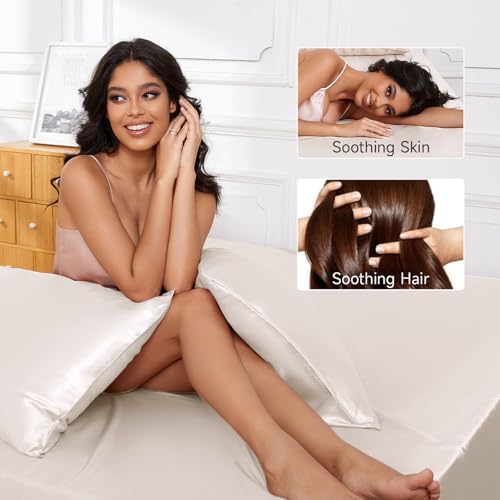 THXSILK Luxury Mulberry Silk Bed Sheets Set - 4pcs Silk Sheets Set 16" Deep Pocket - 1 Fitted Sheet, 1 Flat Sheet, 2 Pillowcases with Zipper Closure - Queen, White - Image 4