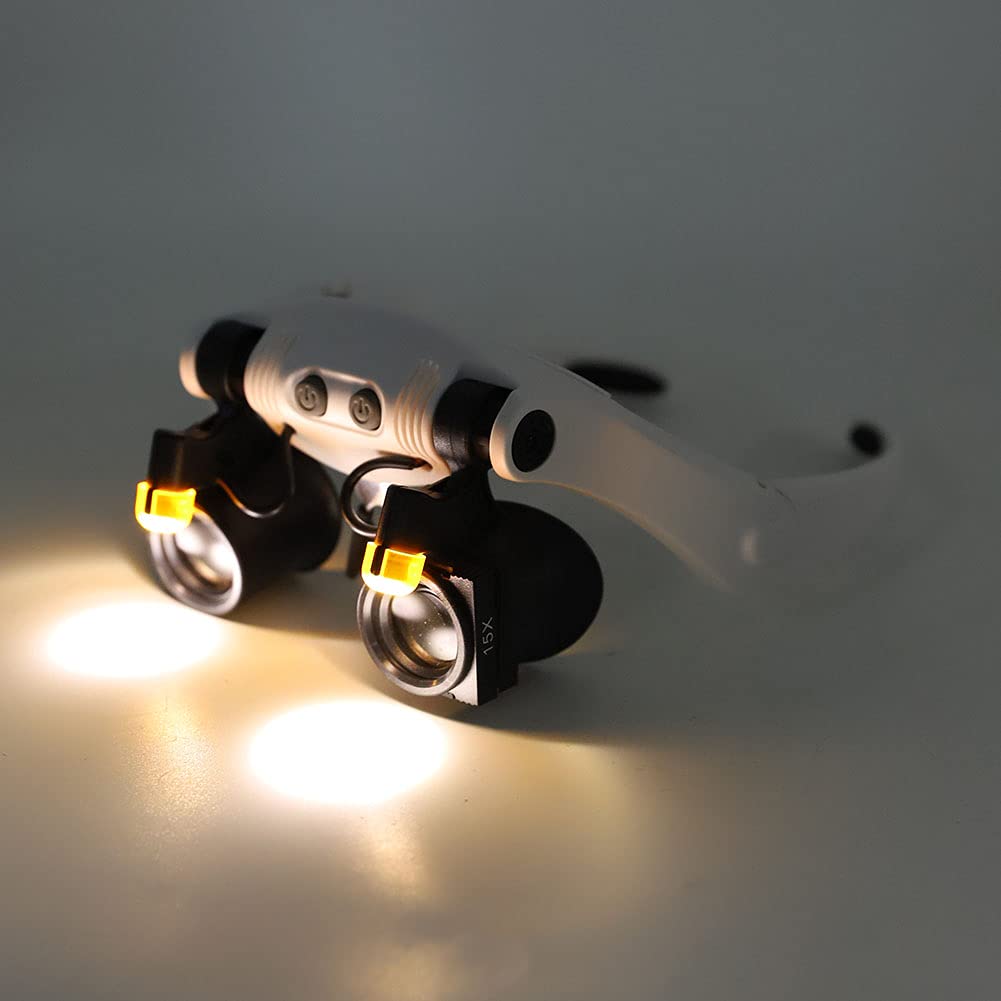 Lente D'Ingrandimento per Montaggio su Testa a LED con Lente Sostituibile, 21 Combinazioni, Ingrandimento 3X-10X, Luci LED Fredde e Calde