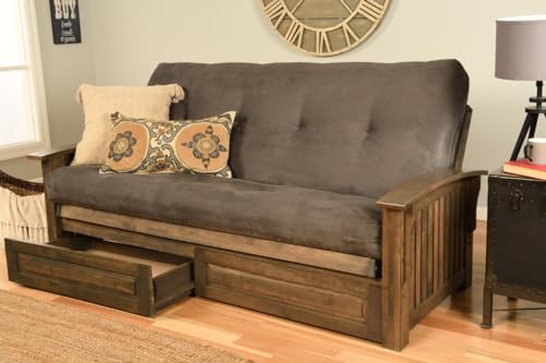 Kodiak Furniture Washington Full Size Futon Sofa Bed with Storage Drawers, Rustic Walnut Hardwood Frame with Suede Gray Mattress, Convertible Couch for Living Room and Porch