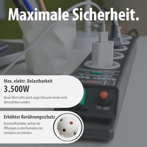Brennenstuhl Super-Solid Steckdosenleiste 5-Fach mit Überspannungsschutz (Mehrfachsteckdose mit 2,5m Kabel und Schalter - aus bruchfestem Polycarbonat) schwarz/grau