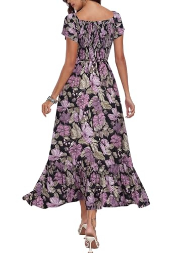 Image of Summer Smocked Boho Maxi Dress for Women 2026 Short Sleeve Floral Smocked Flowy Ruffled Beach Vacation Dresses Lightweight