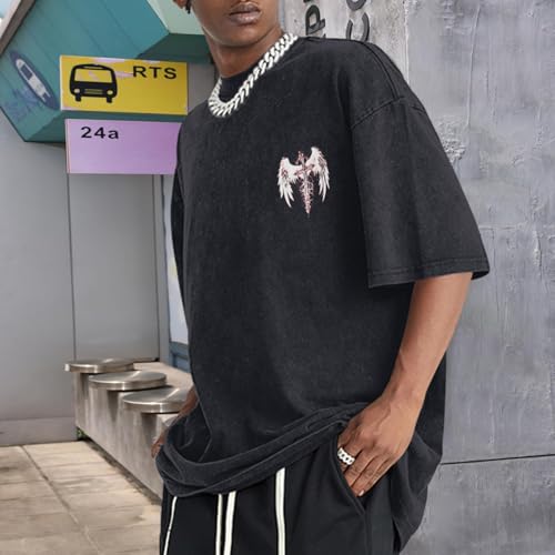 Vintage Goth Punk Shirts for Men Grunge Streetwear Oversized Tshirts Gothic Cross Y2k Graphic Tees Acid Wash T Shirt3