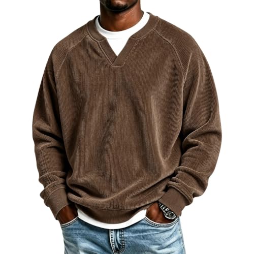 Men's Corduroy Shirt 2 in 1 Comfy V Neck T Shirt Long Sleeve Shirts