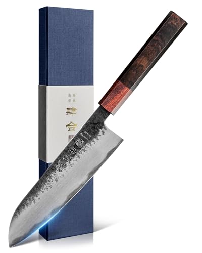 kanngou Cuchillo Santoku, 18cm Cuchillo Cocina de Chef de Acero Inoxidable con Madera de Ébano y Mango de Sándalo Rojo, Cuchillo Japones Profesional con Caja de Regalo Premium