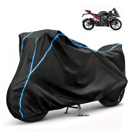 Image of Compatible with KTM RC 160 Waterproof Two Wheeler Bike Body Cover Water Resistant, Heavy Duty, UV Rays, Dust & Scratch Protection for All-Modal & Variants (Black,Sky Blue Piping)