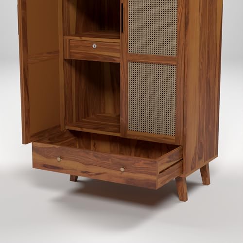 Image of PS DECOR Solid Sheesham Wood Wardrobe with Cane Rattan Doors | Modern Wooden Storage Almirah with Drawer | 2 Door Clothes Cabinet for Bedroom & Living Room (Honey Finish)
