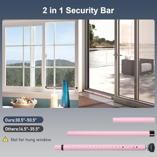 Image of Sliding Door Security Bar, 17.7-50.5inch Heavy Duty Adjustable Sliding Patio Door Lock Bar with Rubber Tips,Diameter 1inch Window Security Bar for Home Apartment Travel Children Women (Pink)