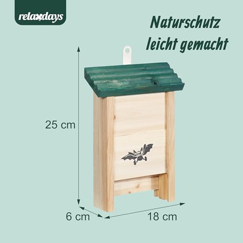 Relaxdays Fledermauskasten, 2er Set, Unterschlupf für Fledermäuse, unbehandeltes Holz, HBT: 25 x 18 x 6 cm, Natur/grün