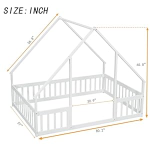 Bellemave full floor bed for kids girls boys wood house bed frame house floor bed for kids full size montessori floor bed with fence playhouse for kids white  urban country home decor