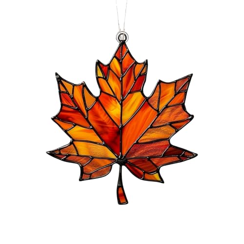 Maple Leaf Sun Catcher for Windows,Acrylic Stained Glass hanging decorations,Autumn Fall Garden Hanging Ornament,Home Wall Door Decor, Handbag Charm Keychain Gift for Women and Men(yellow)