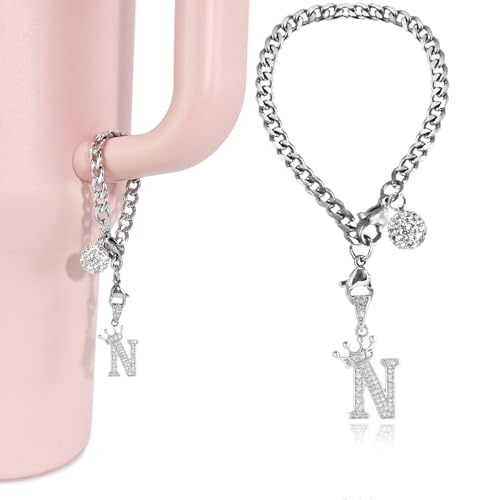 LUHOHI Silver Letter Charms for Stanley Cup- Crown Letter Charms Accessories for Stanley Handle 40Oz Tumblers Water Bottle Cup Initial Keychain with Diamond Glitter Jewelry Personalized Decorations N
