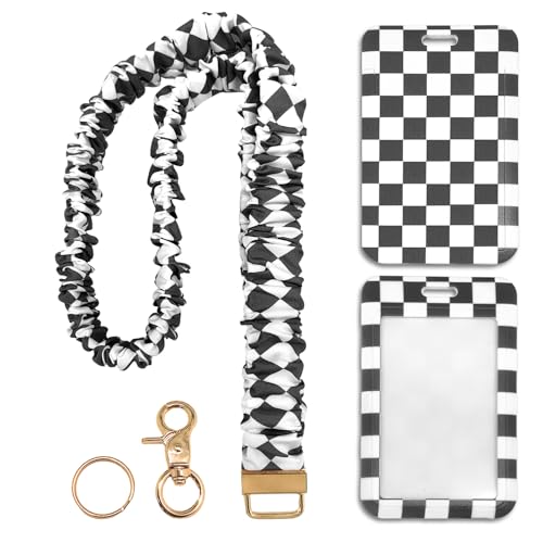 Scrunchie Lanyard/Stretchy Lanyards with ID Holder Checkered Pattern Retractable Lanyard with Badges Keychain Holder, Ideal for Women Teachers Nurse Back to School Mother's Day Birthday Gifts (Black)