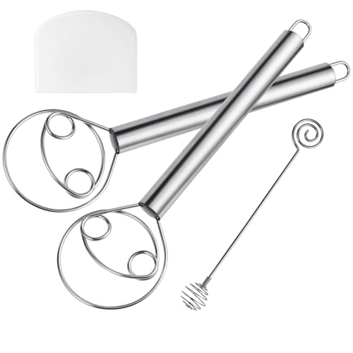 HOTUT Batidor Danés, 2 Piezas Mezclador de Masa Manual,Batidora Danesa Manual,Batidor Manual de Huevos Profesional Acero Inoxidable,Varillas Cocina para Hornear Pan Masa Galletas Pizza