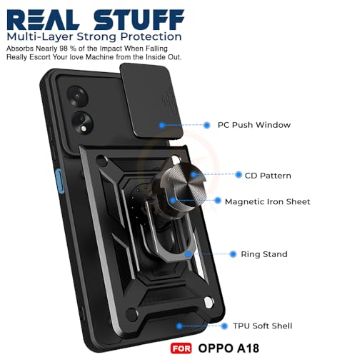 Image of Armor Bumper Back Cover Case for Oppo A18 / A38 Rotating Camera Cover, Ring Holder & Kickstand | Heavy Duty & 360 Degree Protection Oppo A18 / A38 Back Cover (Black)