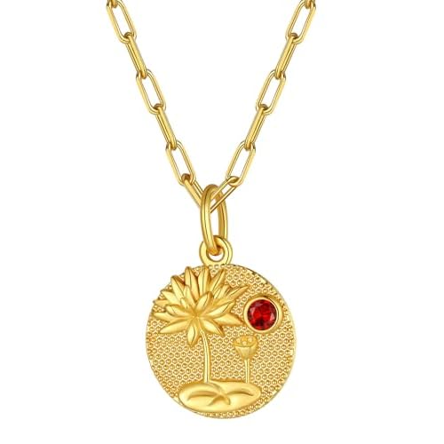 FindChic Birth Flower Necklace with Birthstone 18K Yellow Gold/Platinum/Rose Gold Plated Floral Embossed Pendant Paperclip Chain Dainty Medal Jewelry for Mom Grandma, with Gift Box Gold Plat