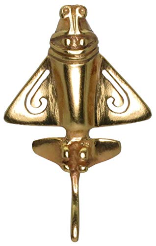 Across The Puddle, Ancient Aliens Jewelry Collection, 18k Yellow Solid Gold Pre-Columbian Quimbaya Golden Jet-3 / Ancient Aircraft-3 / Golden Flyer-3 1.1" Lapel Pin with Military Clutch