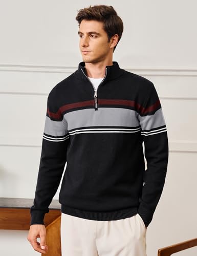 CRYSULLY Mens Sweater 1/4 Zip Cotton Polo Pullover Sweaters Casual Fall Winter Spring Striped Sweatshirts2