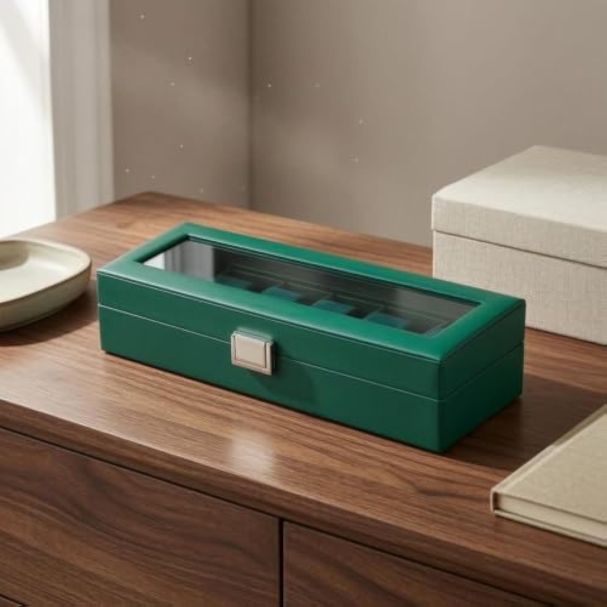 Metal Clasp Clear Top Watch Box with 6 Slots