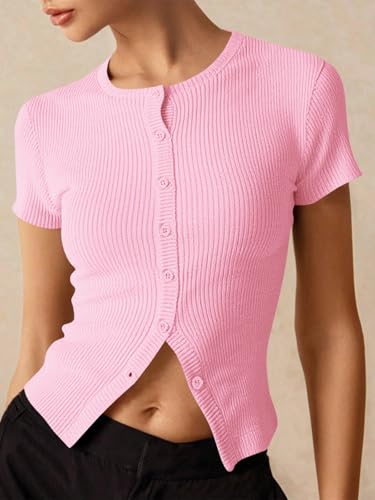 Image of Imily Bela Womens Short Sleeve Sweater Tops Summer Button Down Casual Ribbed Knit Slim Fit Cropped Cardigan Shirts