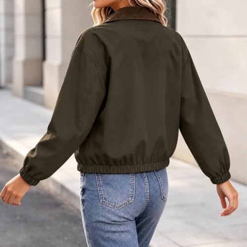 Womens Bomber Jacket Cropped Corduroy Collar Zip Up Pockets Lightweight - image 7