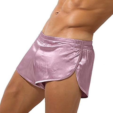QiaTi Men's Sports Support Jockstrap Boxer Shorts Silk Satin Sexy Underwear Silky Side Split Lounge Shorts, pink, M Cover