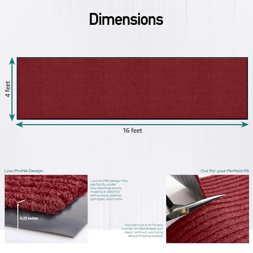 Image of MaxMat Oversized Rubber Door Mat - Heavy Duty, Waterproof, Low-Profile, Easy to Clean, Commercial Floor Mat (4 x 16 Feet, red, MXM-RIB0316BK)