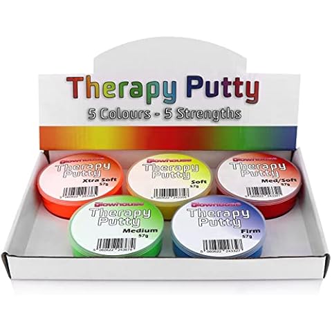 Premium Set of 5 x Therapy Putty Squeezable Non-Toxic, Hand Exercise, Anti-Stress - 5 Strengths for Adults & Children 57g Colour Coded Tubs Cover
