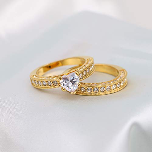 Yellow Gold Plated Heart cut 7mm CZ Womens Wedding Ring Sets Bridal Sets Engagement Rings4