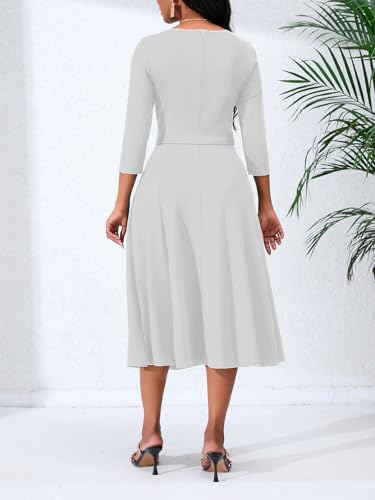 Image of PerZeal Women's Caual Midi Dress 3 /4 Sleeve Crewneck A-line Swing Dress for Women with Belt for Wedding Guest & Cocktail Party White Medium