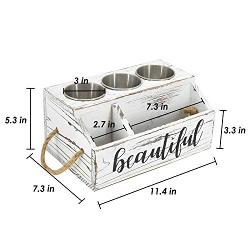 Rustic Wood Hair Dryer Holder, Hair Styling Product Care Tool Organizer, Bathroom Countertop & Vanity Caddy Storage Stand for Blow Dryer Straightener Curling Iron with 3 Stainless Steel Buckets White - Thumbnail 3