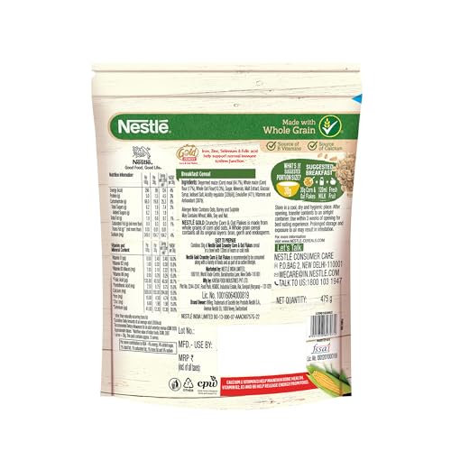 Image of Nestle Gold Crunchy Corn & Oat Flakes - Breakfast Cereal With Immuno-Nutrients|Made With Whole Grains & The Goodness Of B Vitamins, Calcium & Vitamin D, 475g, Bag-In-Box Pack (Pack of 2)