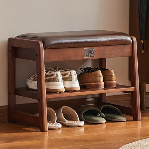 Banc à chaussures avec coussin et étagère de rangement en bois massif 56 cm