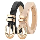 werforu confezione da 2 cinture skinny da donna in pelle sottile con fibbie oro/argento per abiti jeans, nero + beige., fit taillengröße 78-93cm