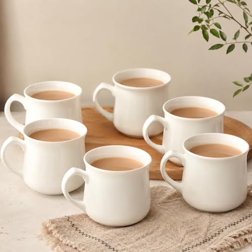 Image of Femora Elegant White Ceramic Tea & Coffee Mug Set of 6, 180 ml Each, Curved Shape, Coffee Cups for Home & Office Microwave & Dishwasher Safe BPA Free