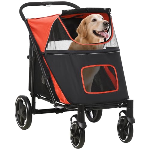 PawHut Cochecito para Perros Plegable Carrito para Mascotas con Ventanas de Malla Correas de Seguridad Bolsillos de Almacenamiento Carga 40 kg 112x65x100 cm Rojo