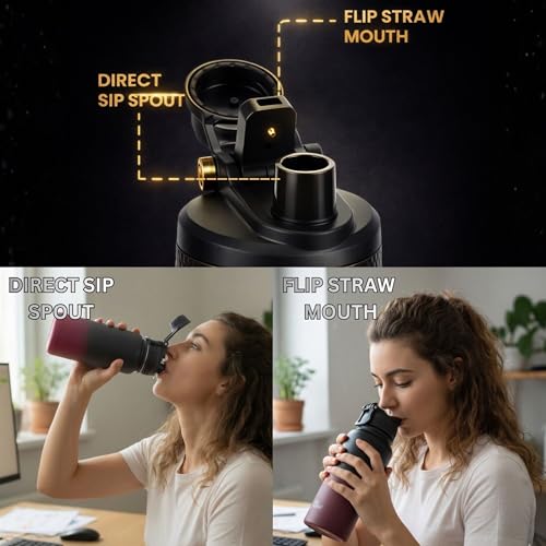 Image of Speedex Vacuum Insulated Stainless Steel Water Bottle 1 Litre (1000ml / 1L / 1 Ltr) with 2-in-1 Lid (Straw & Spout), Hot & Cold Leakproof Thermosteel Travel Flask for Office, Gym & School (Black-Wine)