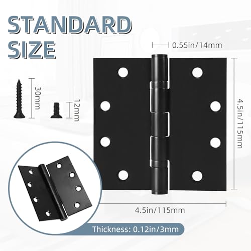 4.5\" Heavy Duty Stainless Steel Door Hinge, 6 Pack 4.5 x 4.5 Inch Ball Bearing Door Hinges with Square Corners for Commercial and Residential Doors, Matte Black