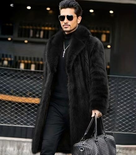 Image of FTIMILD Men's Long Faux Fur Coat Single Breasted Warm Winter Trench Coat Fluffy Thick Overcoat