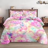 WeCozy Twin Size Comforter Set with Pillowcase, Pink Yellow Painting Tie Dye Soft 2 Pcs Bedding for Kids and Adults Bedroom Bed Decor