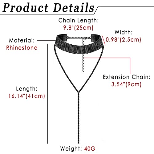 JewelryWe Schmuck Frauen Damen Multi Reihen Strass Choker Halskette Pullover Lange Kette mit Anhänger Halsband, Farben: schwarz