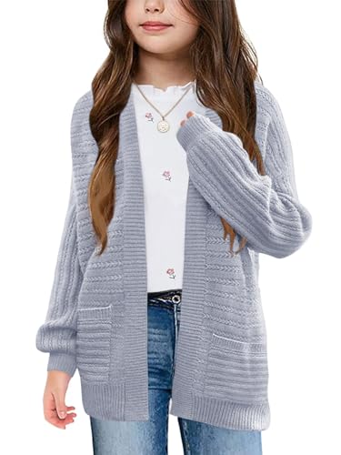 Image of Haloumoning Kids Girls Open Front Cardigan Sweaters Long Sleeve Cable Knit Fashion Clothes with Pockets 5-14 Years