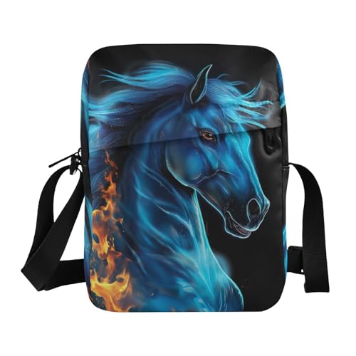 Crossbody Bag Blue Fire Flame Horse Messenger Bag for Women Men Purse Shoulder Bag Satchel Bag with Adjustable Strap 202b4185