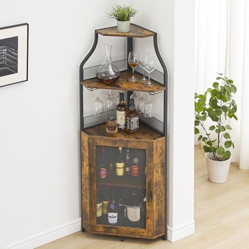 Amyove Corner Wine Bar Cabinet with Detachable Wine Rack, Industrial Wine Cabinet with Glass Holder, Small Sideboard and Liquor Coffee Bar Cabinet with Mesh Door, Retro Brown