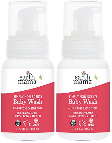 Earth Mama Simply Non-Scents Baby Wash Foaming Hand Soap Refill, Organic All-Purpose Body Wash for Sensitive Skin, Castile Soap with Coconut Oil, Shea Butter, Calendula, & Aloe, 5.3floz 2-Pk