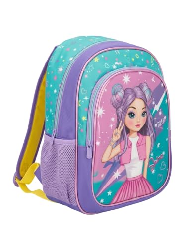 Mochila Escolar Infantil Feminina, Roxa e Verde, com Estampa de Menina Fashion, Bolso Lateral de Tela, para Crianças